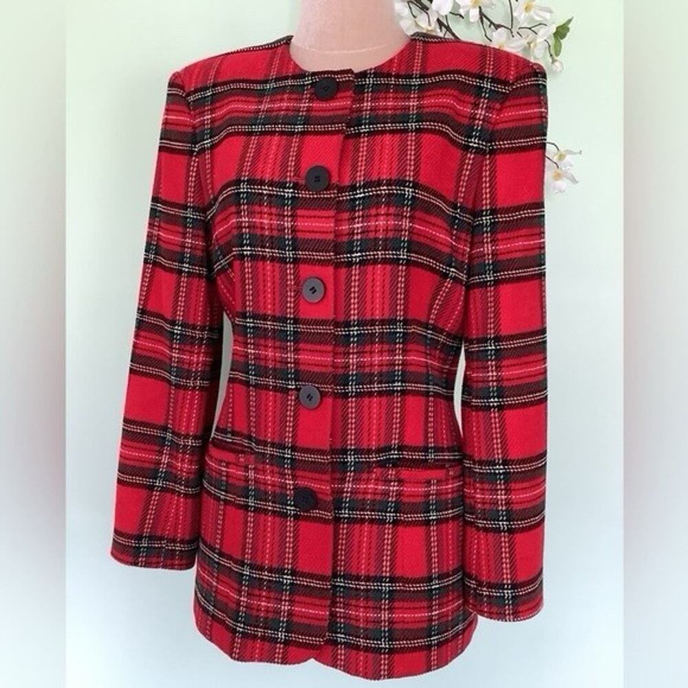 VTG Talbots Jacket Holiday Red Tartan Plaid Academia Collarless Blazer 8